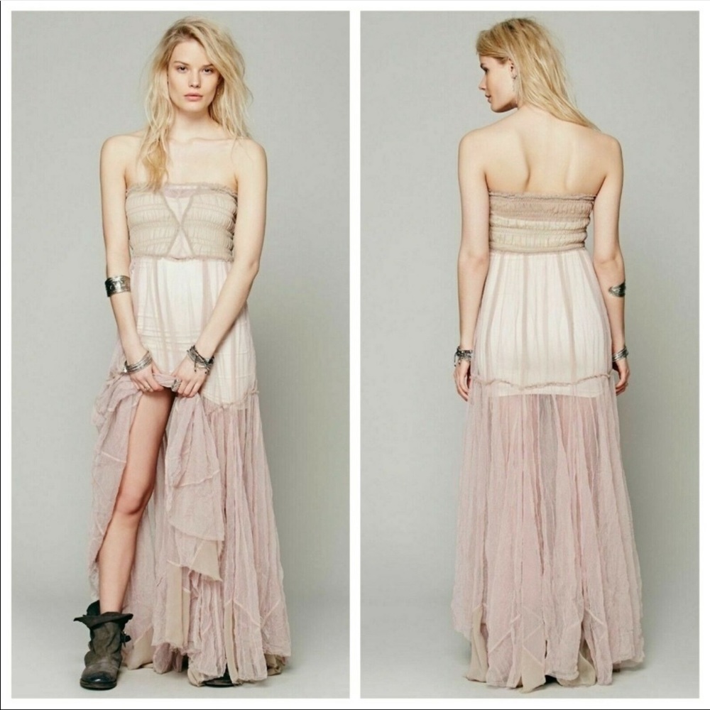 Free People Raw Tulle Maxi Slip Dress Beige and Pink